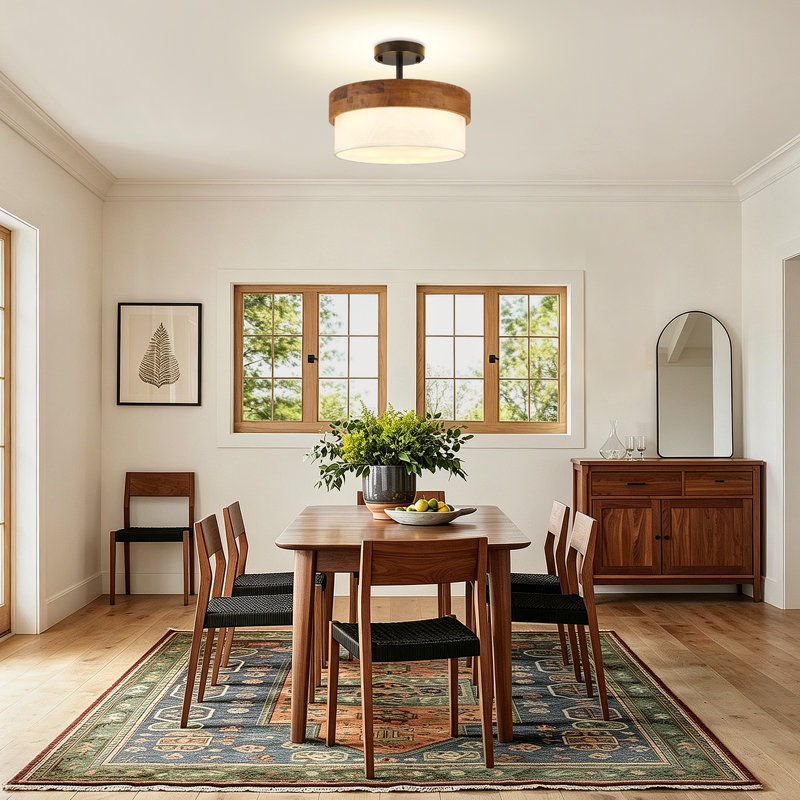 Plafonnier semi-encastré rustique de style ferme à une lumière, en forme de tambour, idéal pour un corridor, une entrée, un porche ou une cuisine.