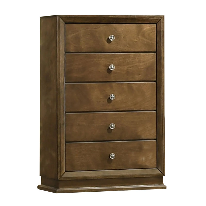 Commode haute 5 tiroirs Rouk, bois de transition brun noyer massif
