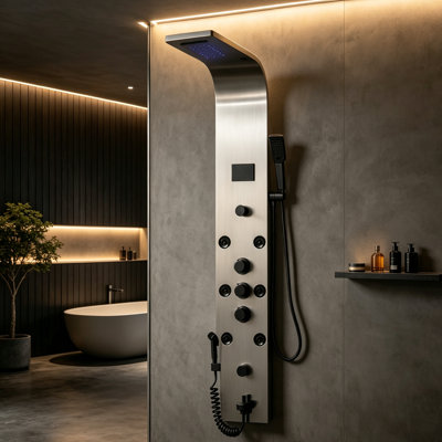 7-way Diverter Rainfall Shower Tower Panel System with Rainfall Waterfall Shower Head and Shower Wand