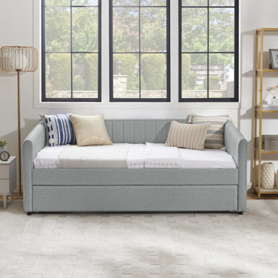 Daybed with Trundle Upholstered Sofa Bed, with Vertical Stripes, Linen Fabric by Latitude Run