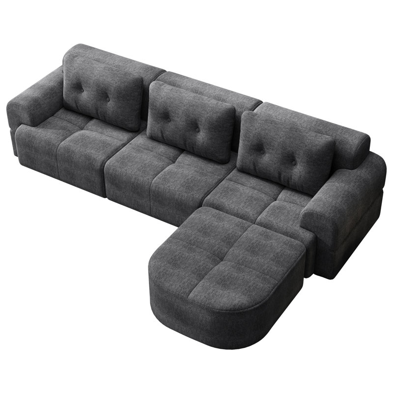 Modulaire avec méridienne, tissu tissé, gris foncé, 3 sièges pour une vie confortable dans la zone principale pour recevoir des invités