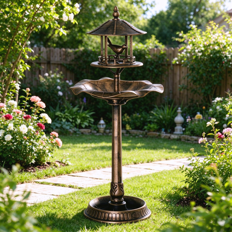 Bain d'oiseaux 3 en 1 sur pied avec mangeoire intégrée et grand bassin sous jardinière pour la décoration extérieure de votre jardin.