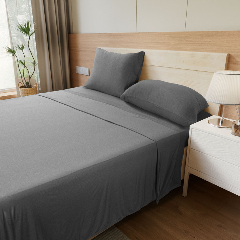 Ensemble de draps en tricot toutes saisons Wayfair Basics®, Gris chiné, Ensemble de draps pour lit double avec 2 taies d'o