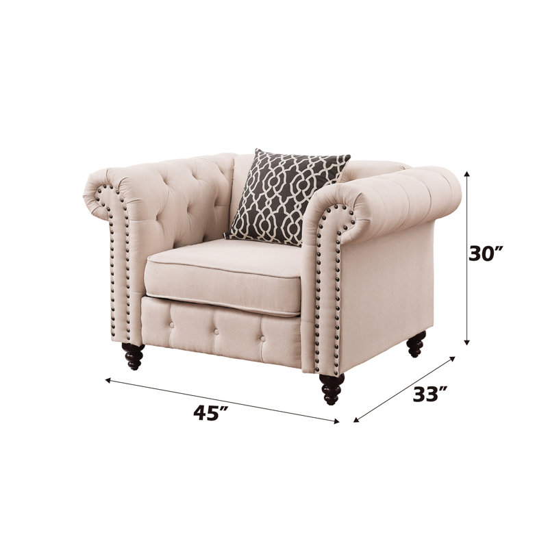 Assise en lin beige avec coussin - garniture cloutée D25 Fauteuil confortable à densité moyenne et ressorts ensachés