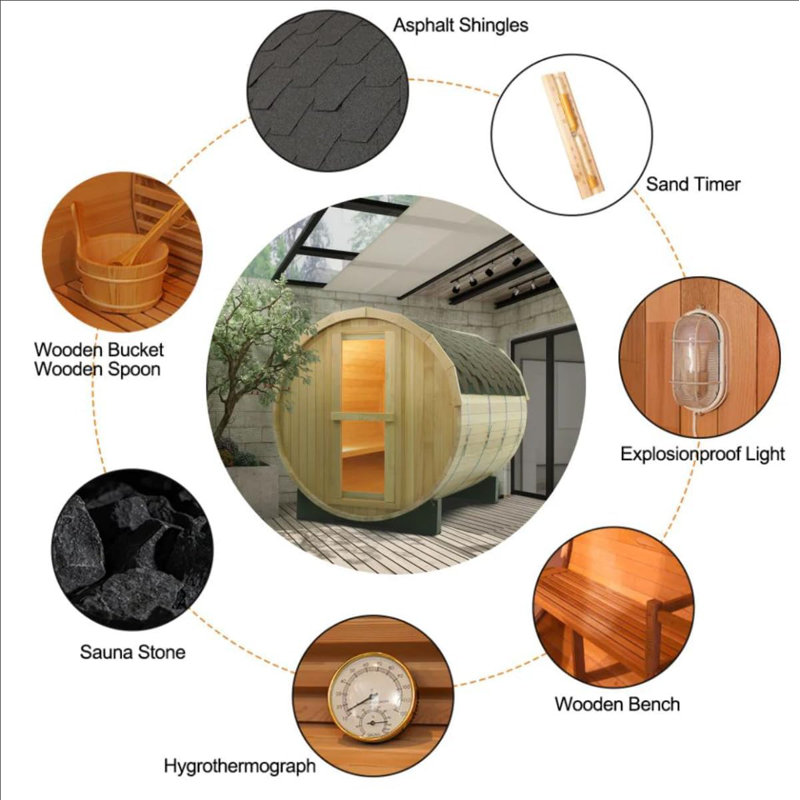 ZONEMEL Outdoor Barrel Steam Sauna, Canadian Hemlock Sauna Room for 3-4 Person with 4.5KW ETL Certified TOULE Heater, Rocks, 8mm Tempered Glass, Waterproof System