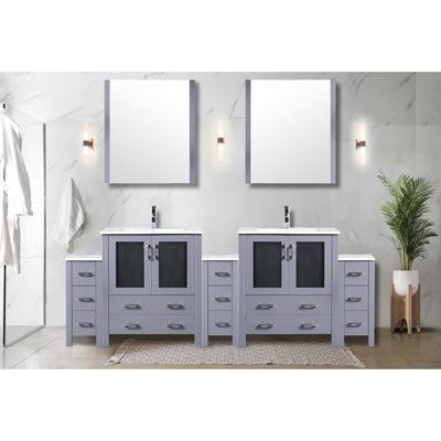 Meuble-lavabo double gris foncé de 96 po L, armoires latérales, comptoir en céramique blanche, 28 miroirs et robinet à un trou, comptoir à taches, pour avec robinet, surface à gratter