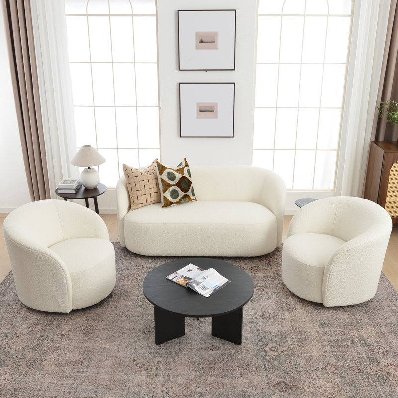 Ensemble de salon rembourré 3 pièces avec causeuse et fauteuil Boucle, Cream