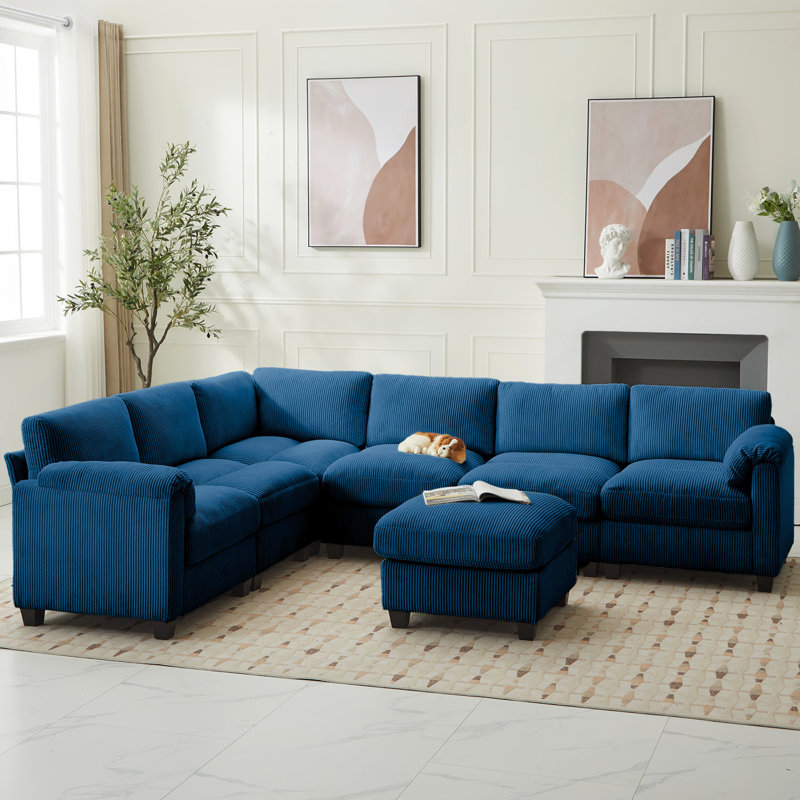 7-Piece Upholstered Corduroy Sectional, Navy