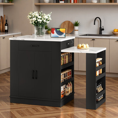 Console d'îlot extensible avec tiroirs, armoire à deux portes et tablettes ouvertes. Sert de table de salle à manger, de bar pour le petit-déjeuner temporaire et de salon de thé l'après-midi