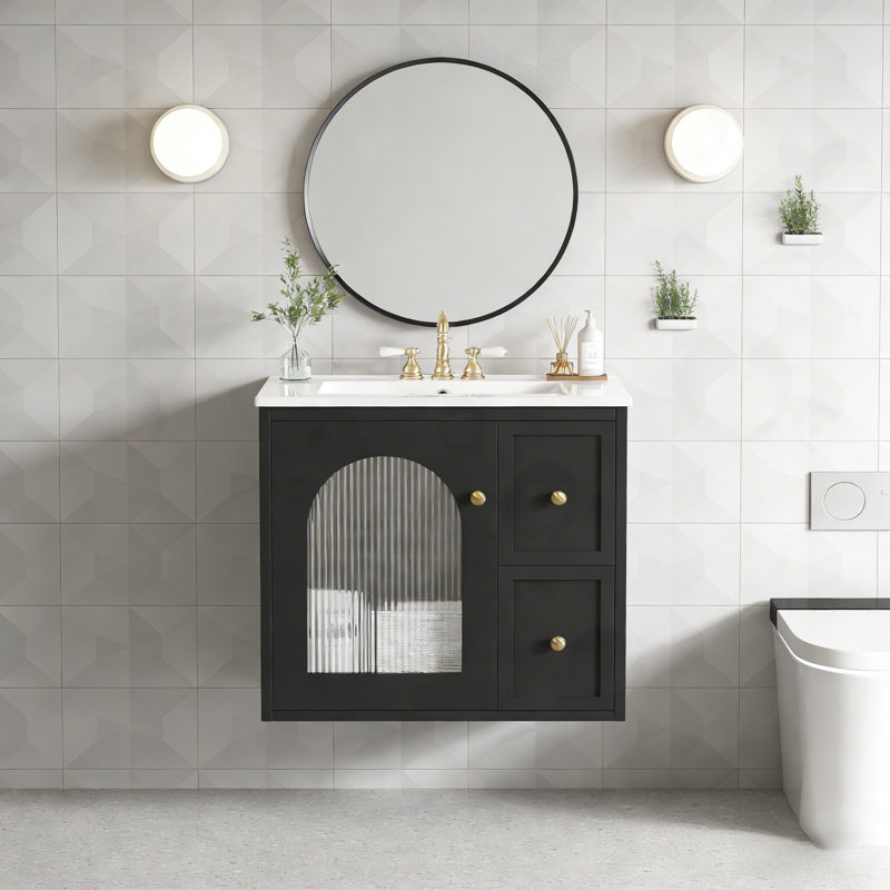 Armoire de salle de bain murale avec lavabo en céramique, Noir