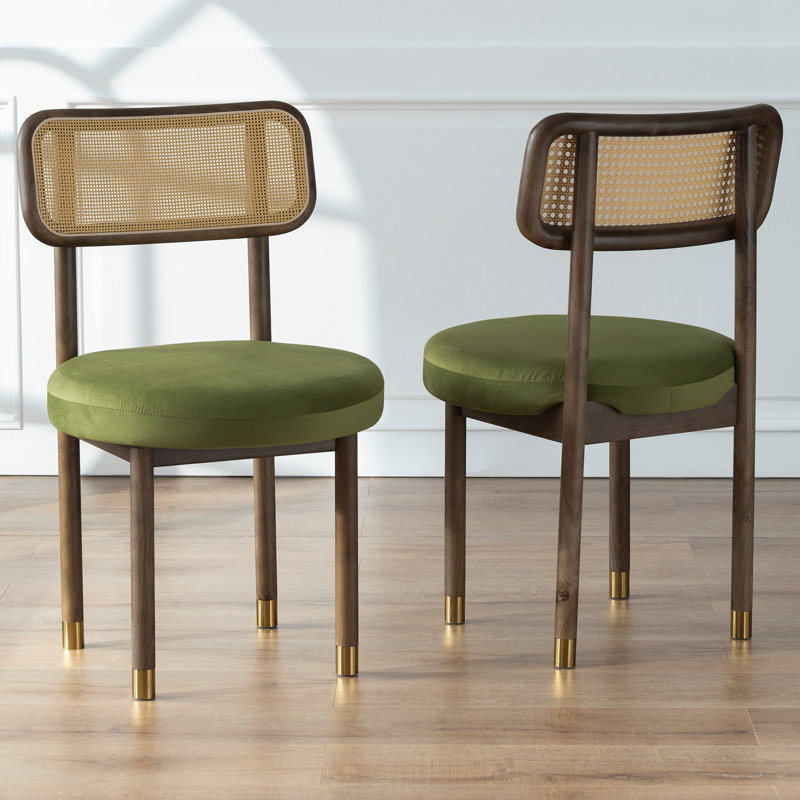 Mid-Century Modern Dining Chairs With Upholstered Seat And Rattan Back - Wood Leg Accent Chairs, Walnut, 2