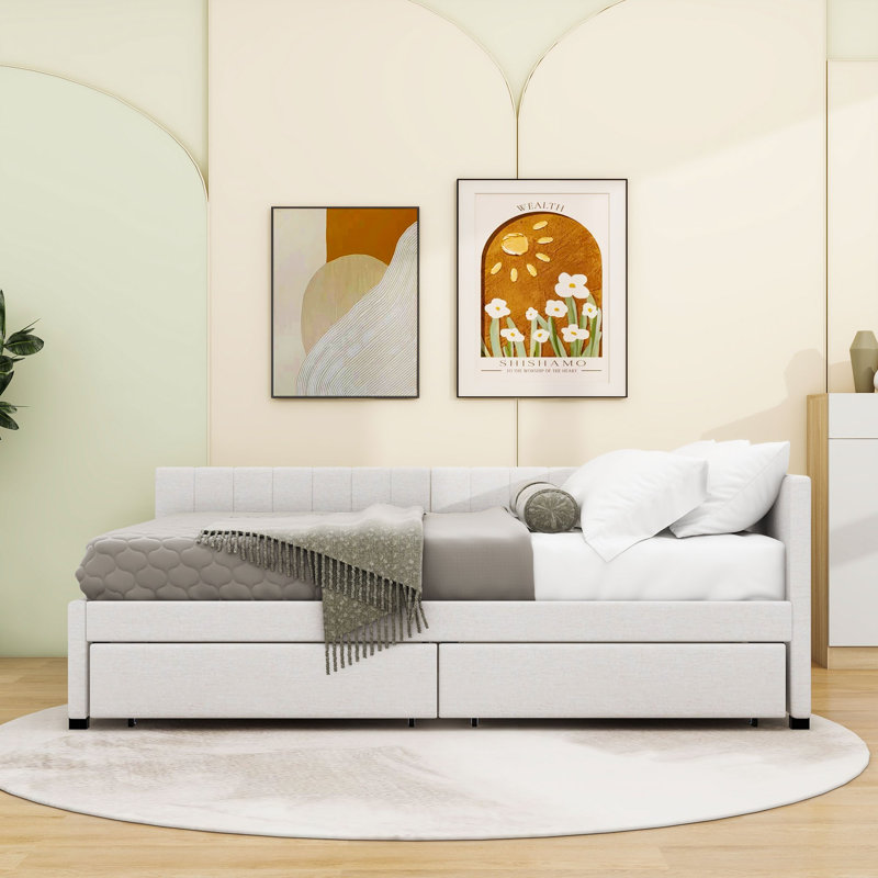 Tayson Full 2 Drawers Upholstered Daybed, Beige