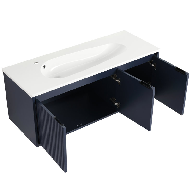 Ensemble de meuble-lavabo mural 48 po - Résine en forme de goutte bleu marine classique