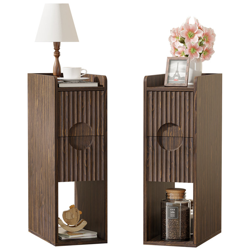 Space-Saving Narrow Nightstand with 2 Drawers and Open Storage, Walnut