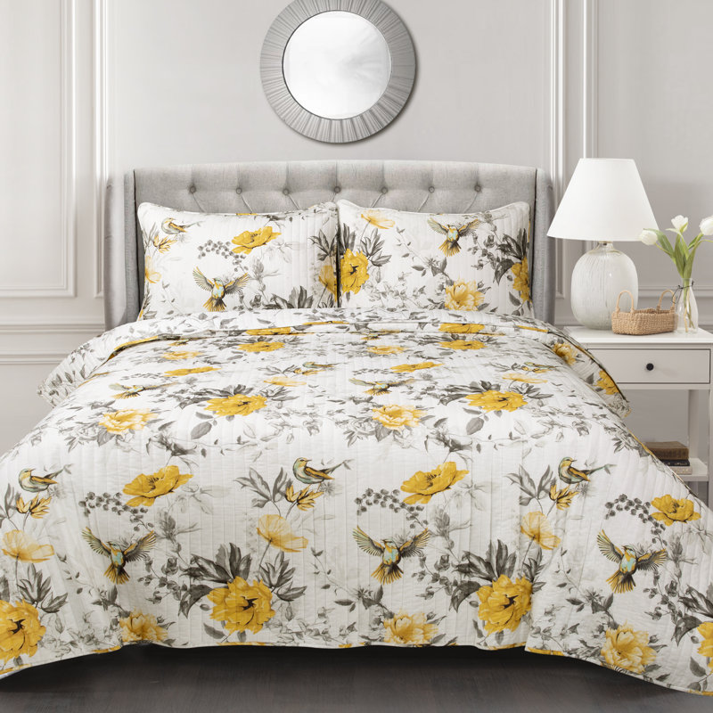 Gray and Yellow Cotton Floral Reversible Full Quilt Set
