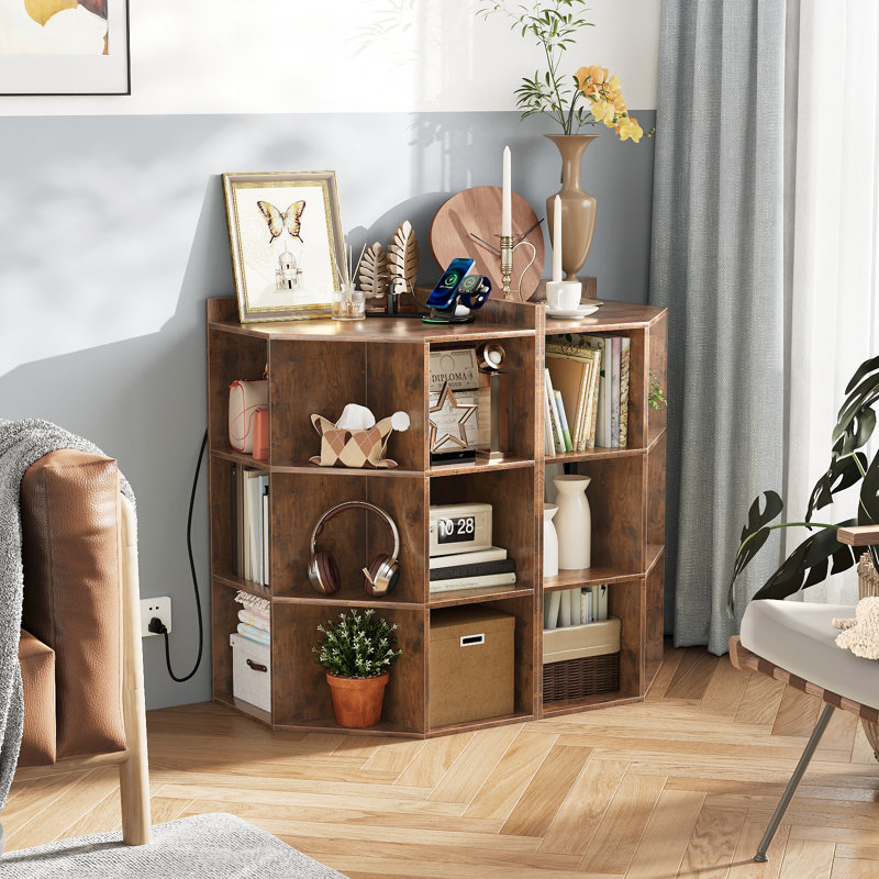 3-Tier Corner Cabinet Storage with USB Ports and Outlets,Corner Cube Storage Organizer for Small Spaces,Retro, Brown