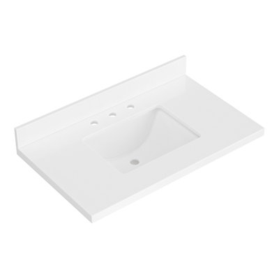 ARIEL 37 INCH PURE WHITE QUARTZ BATHROOM VANITY COUNTERTOP 1.5 INCH THICK MITER EDGE WITH LEFT OFFSET RECTANGLE SINGLE SINK AND INCLUDES BACKSPLASH