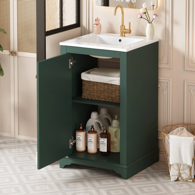 Meuble-lavabo moderne avec lavabo en céramique encastré, meuble-lavabo simple autoportant, porte à fermeture en douceur et rangement efficace pour les articles essentiels
