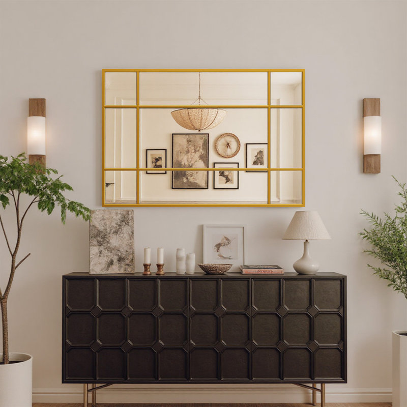 Miroir mural rectangulaire à angle droit quadrillé, noir et doré, plusieurs tailles, Doré, 36 po x 24 po