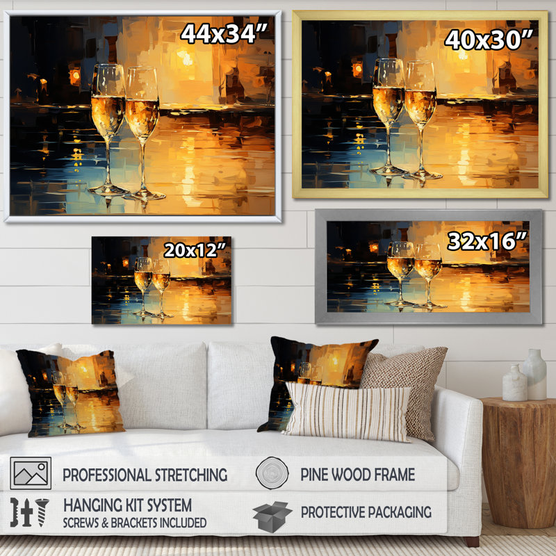Verre à champagne Golden Fizz I - Champagne, art mural, Cadre flottant noir, H 12 po x l 20 po x P 1 po