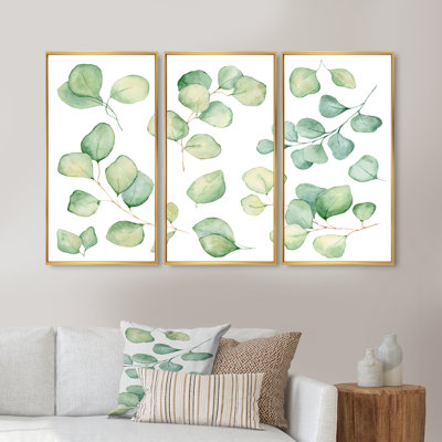 Illustration de feuilles d'eucalyptus isolées sur fond blanc I - Ensemble de 3 toiles encadrées traditionnelles