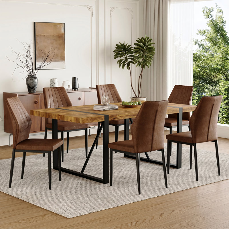 Wood Dining Table Set For 6，71"  Rectangular Table With Metal Frame & Natural Finish, Brown,  7 Pieces: Table, 6 Chairs