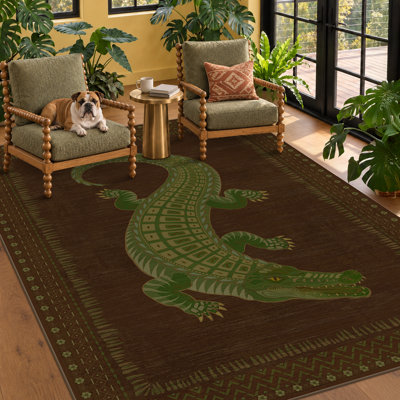 Tapis alligator 5x7 - Grand tapis lavable pour salon, salle à manger, chambre à coucher, antidérapant à poils courts (vert/brun)