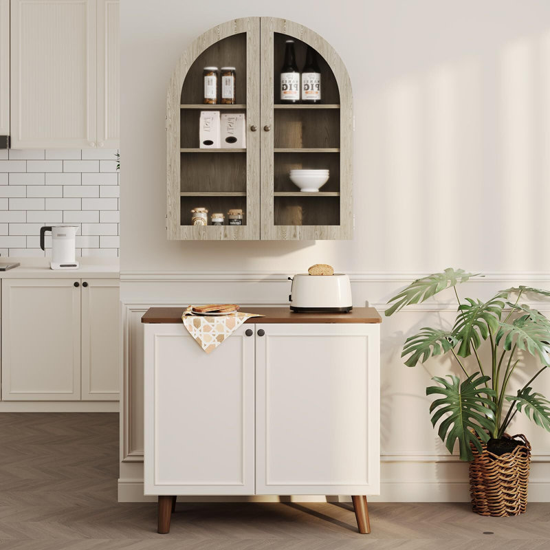 Armoire de salle de bain murale arquée de 24 po de largeur avec tablettes réglables et porte transparente, Gris