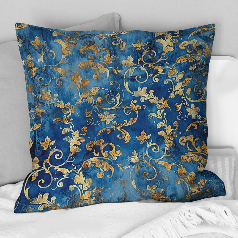 Motif damassé et baroque bleu doré - coussin damassé, H 16 po x l 16 po, Carrée