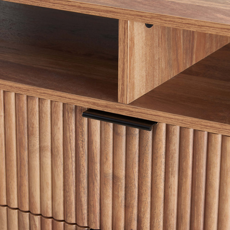 Golden Brown Mid-Century Modern TV Stand with Cabinet and Shelves