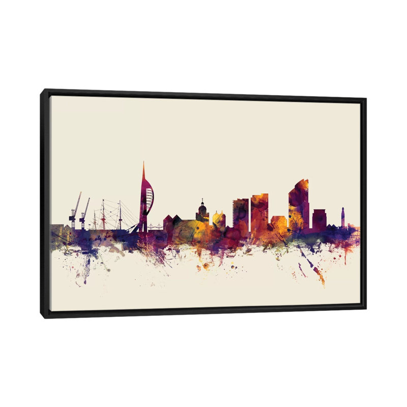 Skyline Series: Portsmouth, Angleterre, Royaume-Uni, impression sur toile tendue beige, H 32 po x l 48 po x P 1,5 po