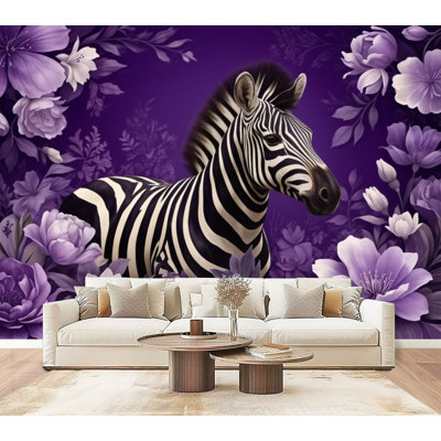 Papier peint adhésif zèbre entouré de fleurs mauves élégantes, motif floral artistique H 69 po x l 96 po, papier peint amovible en PVC, adhésif mural pour chambre à coucher, bureau à domicile