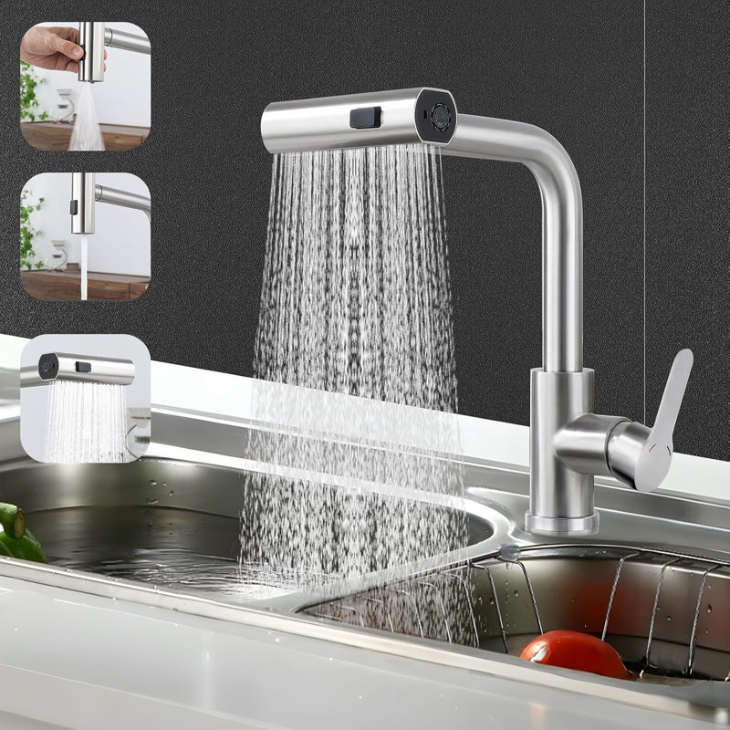 Kitchen faucet pull-out - Waterfall mixer tap with shower sink faucet 360° rotatable faucet with 3 spray types sink kitchen faucet brushed stainless steel