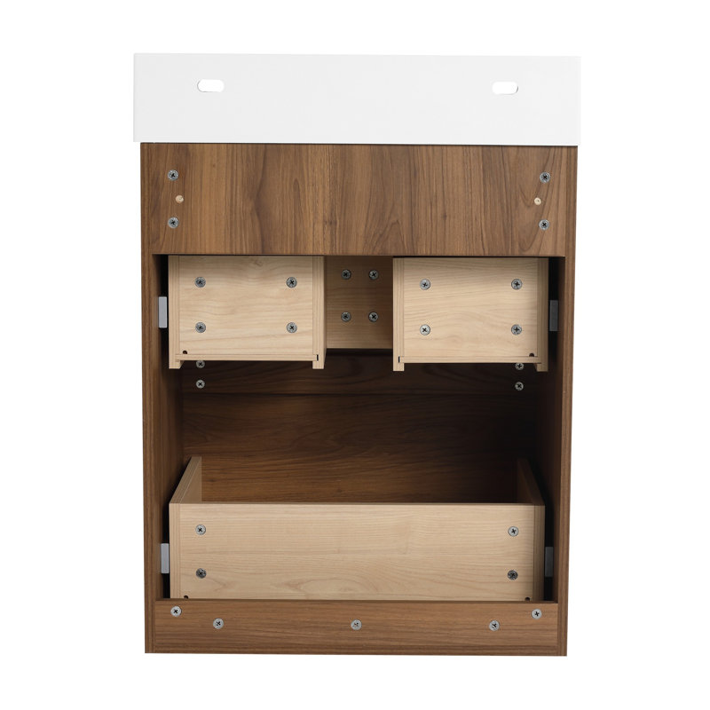 Meuble-lavabo autoportant de style minimaliste moderne 24 po avec lavabo en résine et tiroirs, Brun