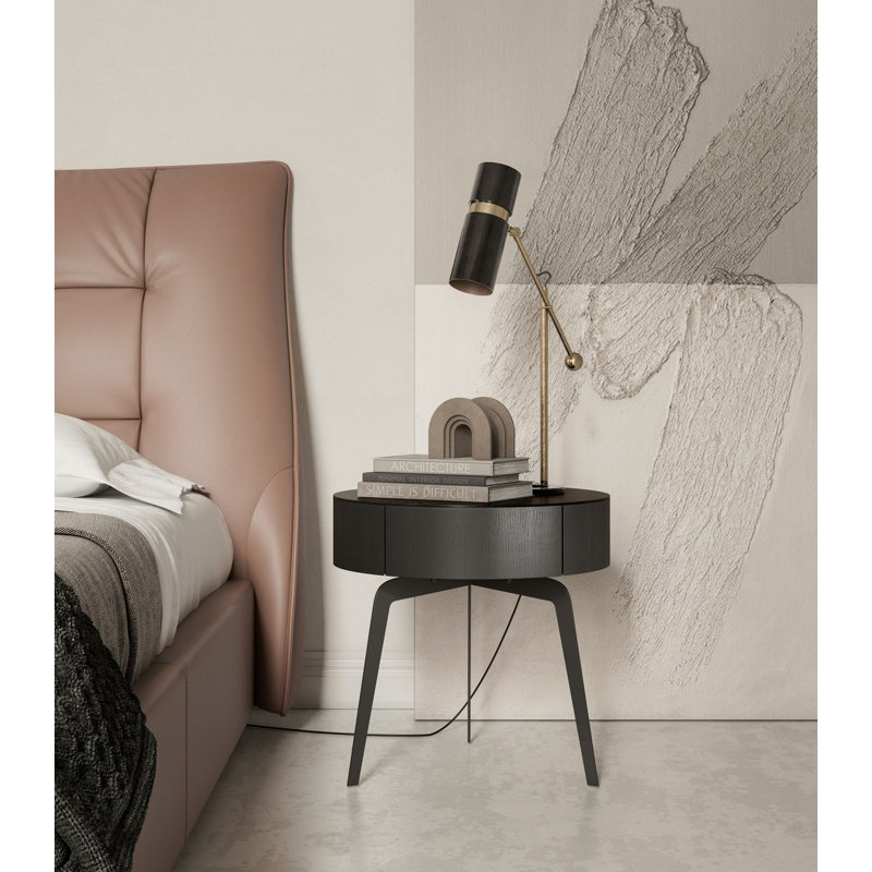 Stainless Steel Top End Table with Storage, Black Granite Quartz