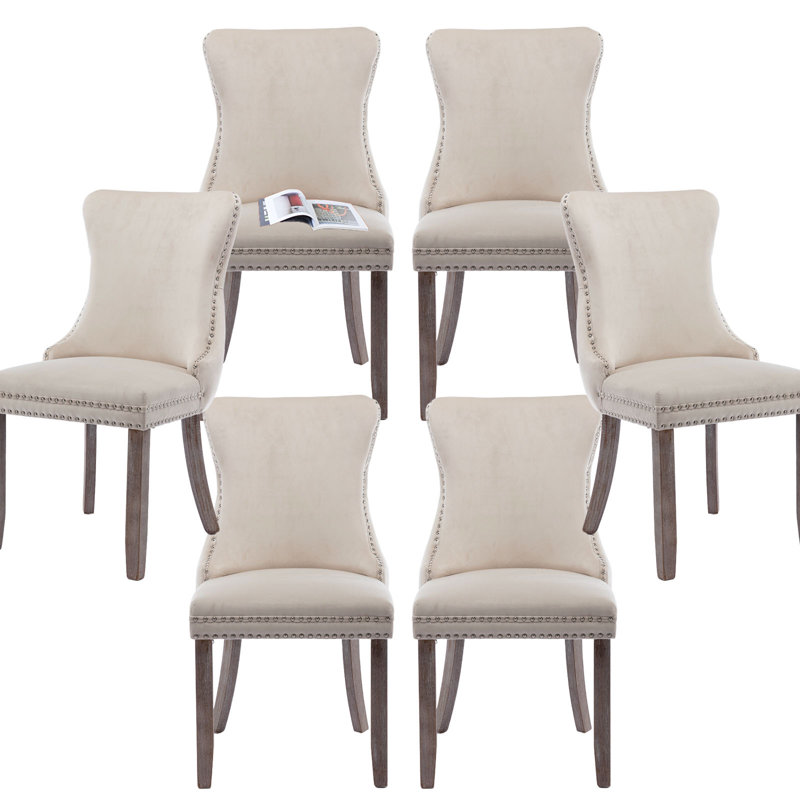 Beige Velvet Tufted Upholstered Side Chairs with Nailhead Trim, Set of 6
