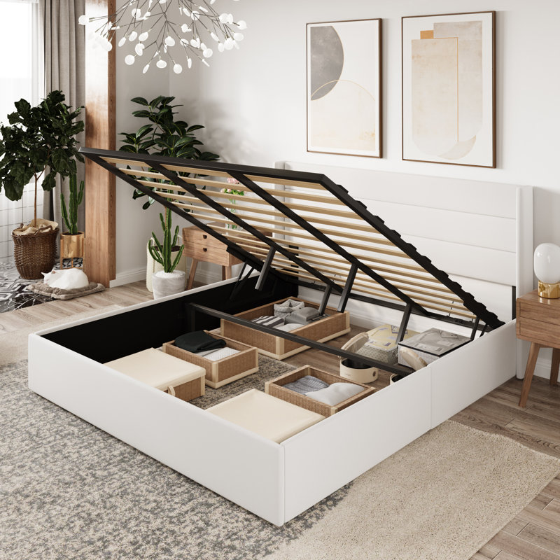 Braya Hydraulic Lift Up Storage Upholstered Platform Bed, King, White Velvet