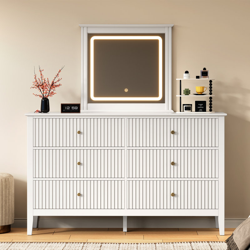 6 Drawer Dresser With Lighted Mirror, White