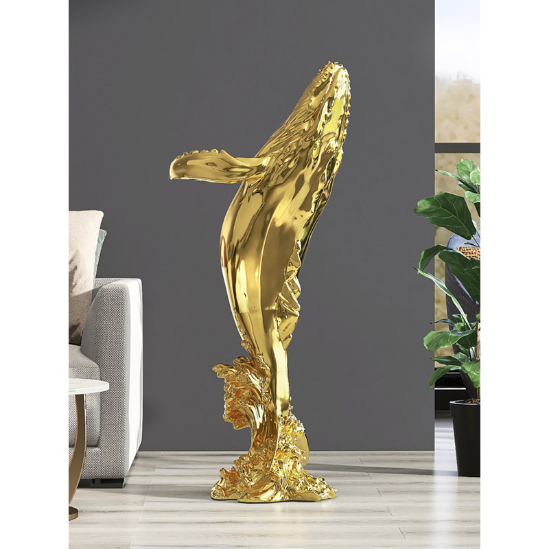 Sculpture moderne en résine de baleine flottante, Doré