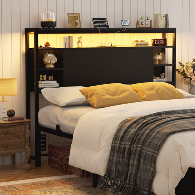 Wood Headboard with Led Lights & Charging Station