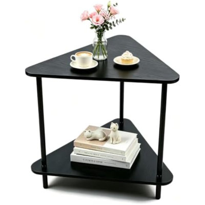 Black End Table, 22" Small Corner Side Table Triangle Night Stand 2-Tier with Storage Shelf, Modern Accent Coffee Table for Living Room Bedroom Nightstand Minimalist Bedside Table