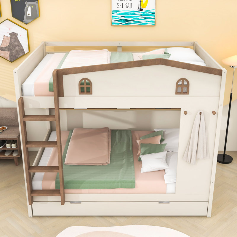Lit superposé en bois avec lit gigogne simple, tablettes de rangement latérales et crochets, Grand sur grand, Beige / Naturel