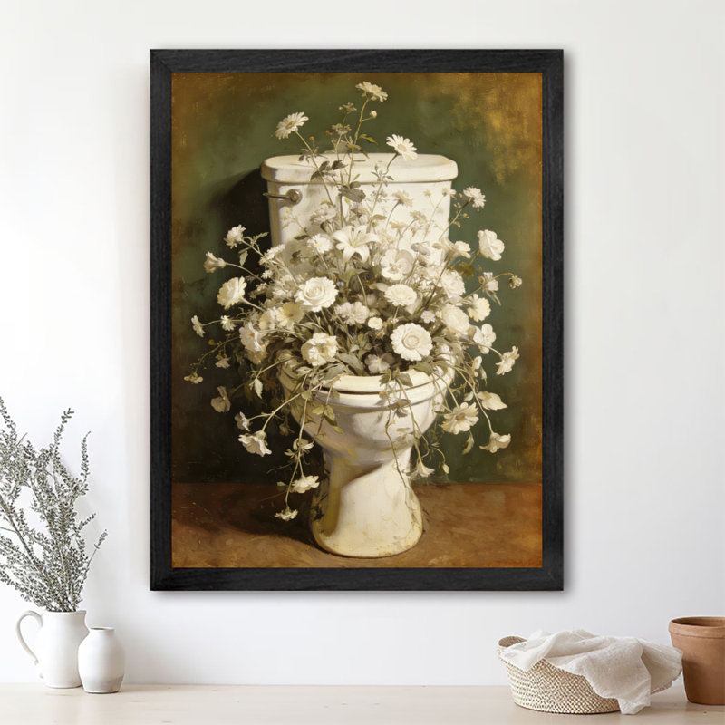 Toile de salle de bain florale noire encadrée noire rétro, H 11 po x l 9 po