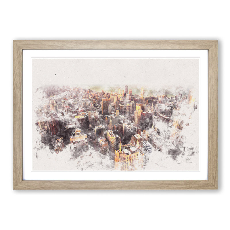 Flying Over The Chicago Skyline - Single Picture Frame Painting on MDF, 45cm H x 63cm W x 2cm D, Oak Framed