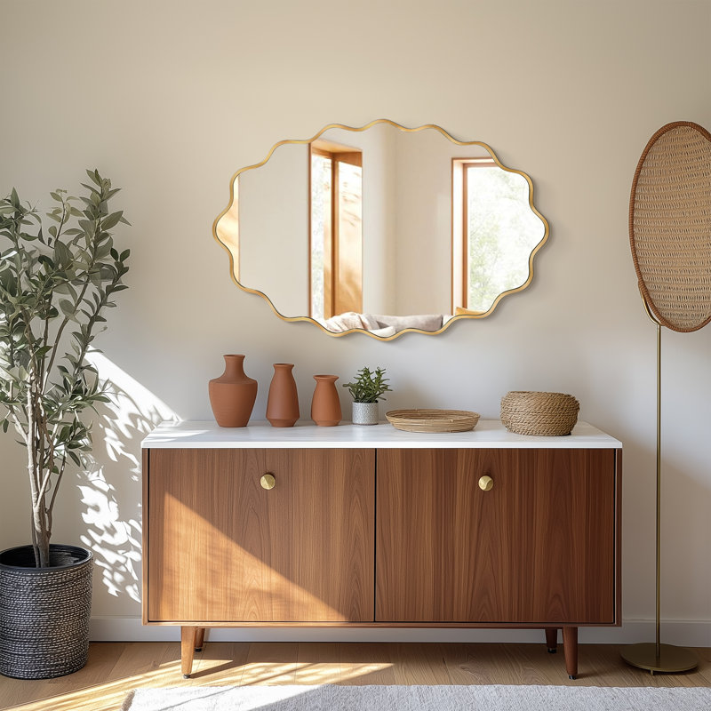Metal Wavy Mirror, 91.44 cm H x 60.96 cm W, Gold