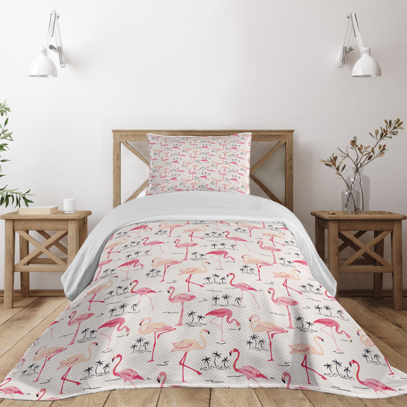 White Twin Flamingo Print Microfiber Bedspread Set