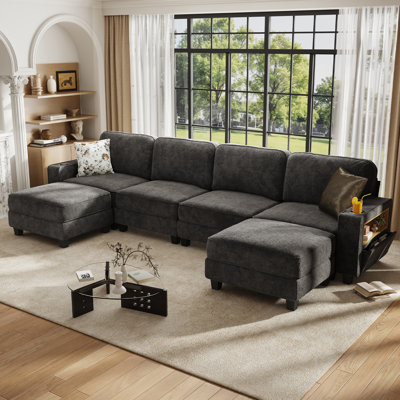 Canapé d'angle modulaire en forme de U de 140 pouces, canapé 6 places en chenille avec tiroirs de rangement et porte-gobelets pour salon