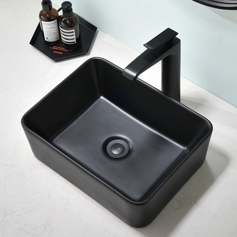 SOUEEUM 15'' Black Ceramic Rectangular Bathroom Sink