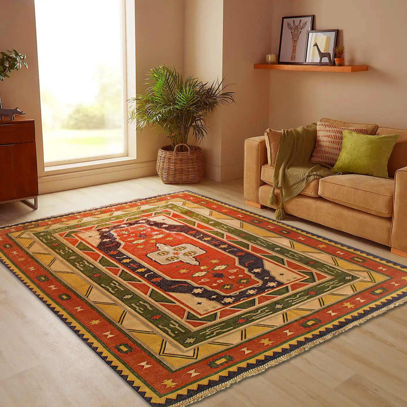 Tapis oriental beige / rouge en coton / laine 9 pi 8 po x 6 pi 5 po Oriental