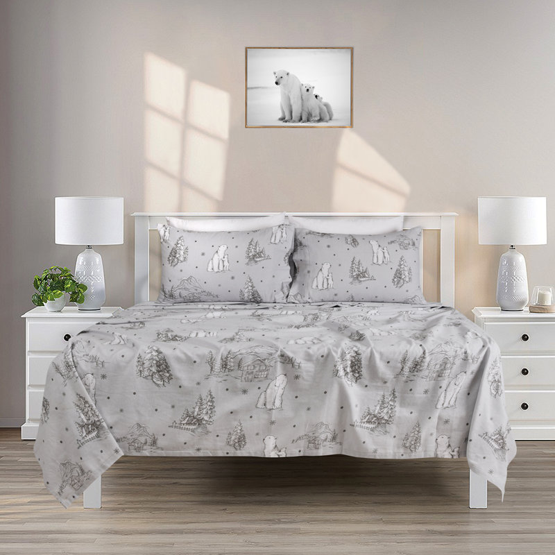 Ensemble de literie en flanelle 100 % coton, Ensemble de draps pour lit double + drap-housse + , Ours polaire